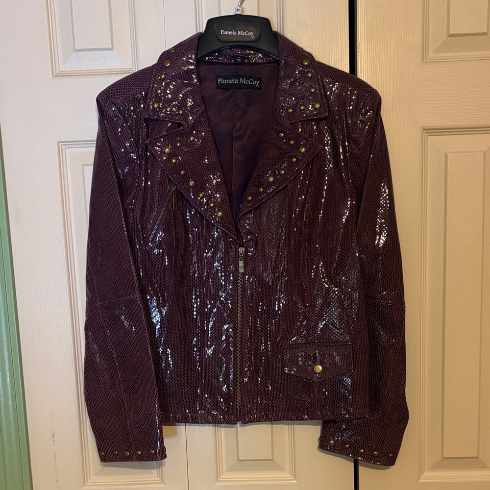 Pamela McCoy Shimmering Purple Leather Jacket